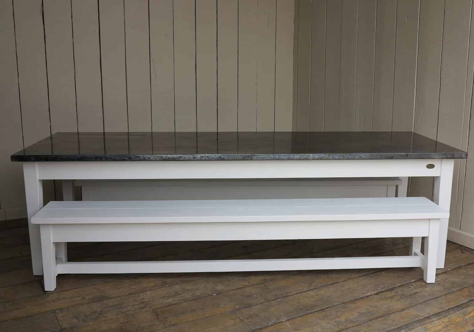 Antiqued Zinc Topped Kitchen Table With Painted Benches