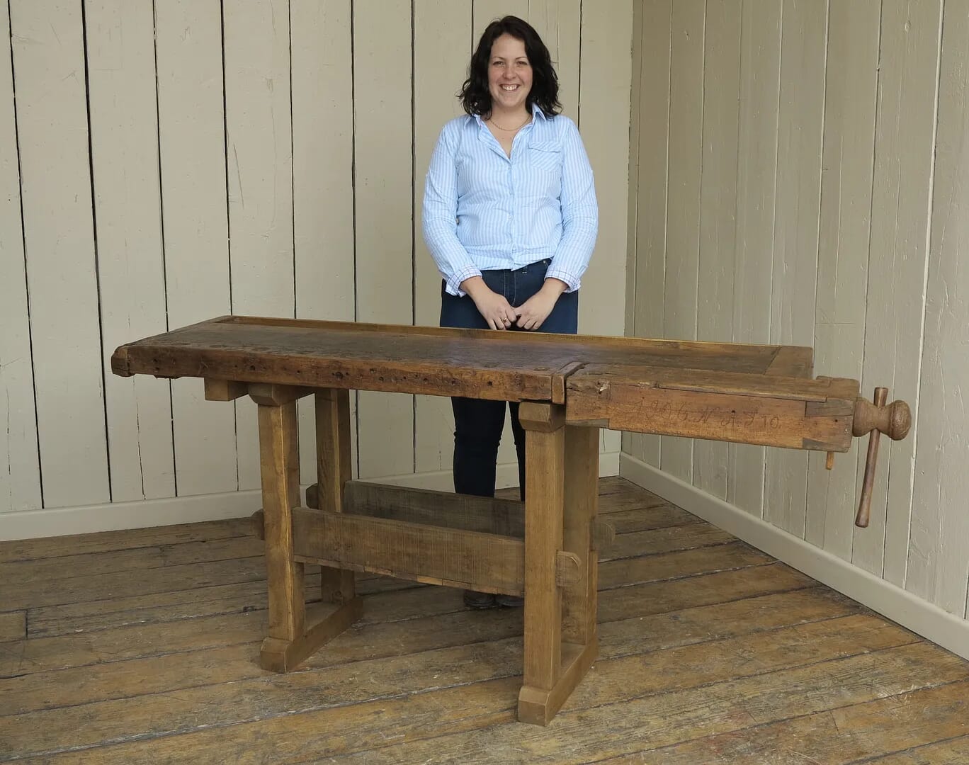Antique Woodworking Vintage Bench With Vice and Shelf - 8011