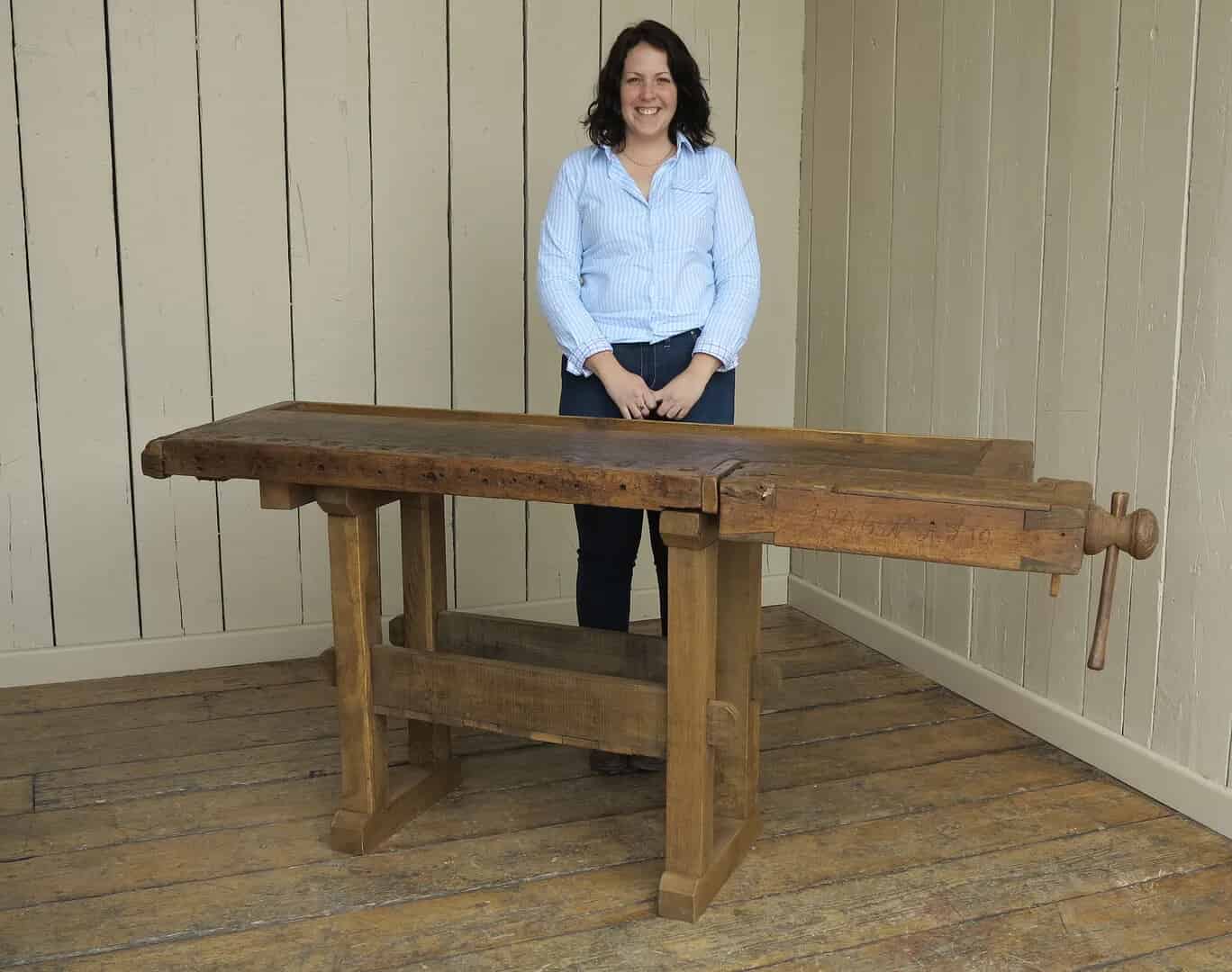 Antique Woodworking Vintage Bench With Vice and Shelf