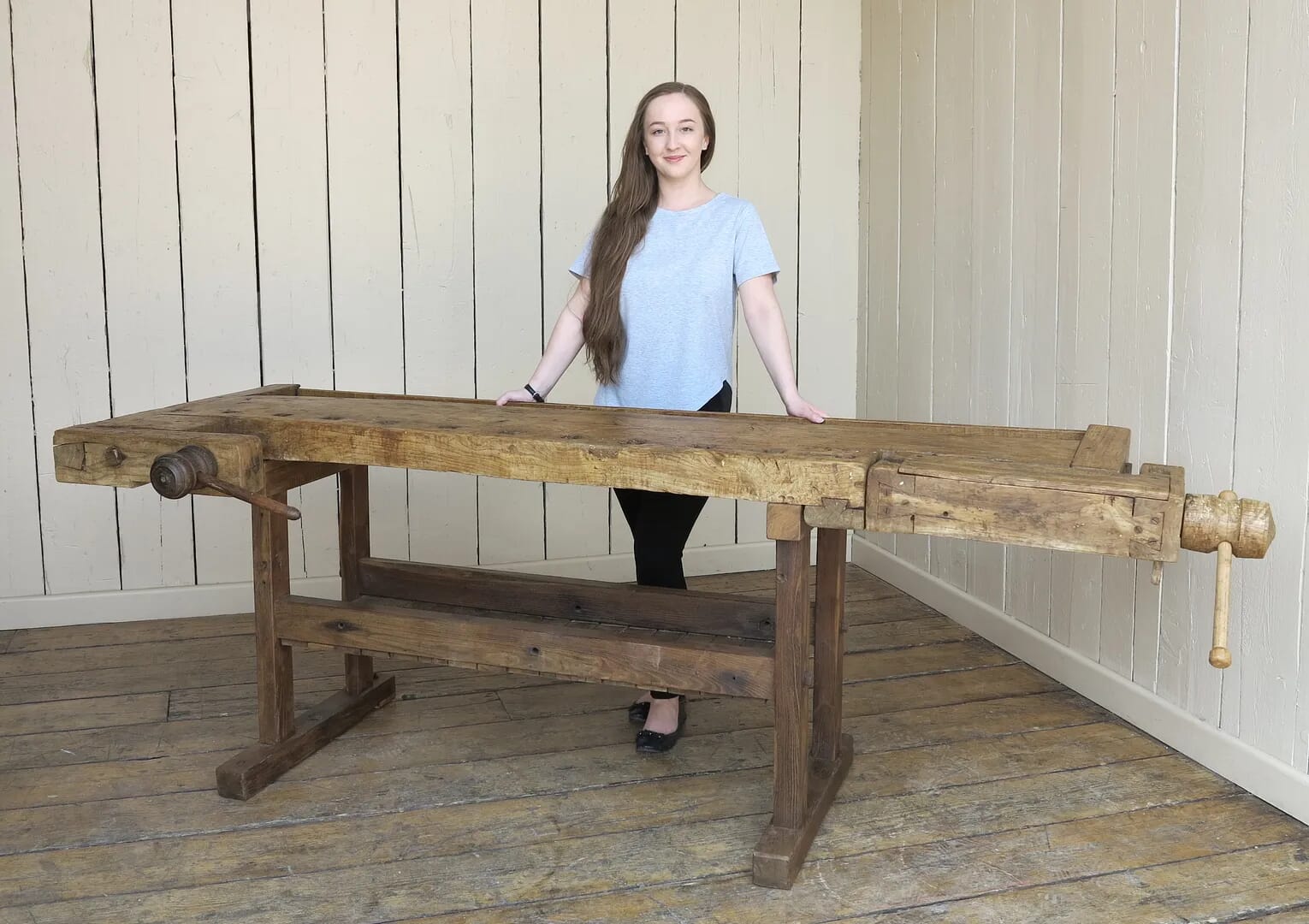 Antique Woodworking Wooden Vintage Bench With Vices - 8014