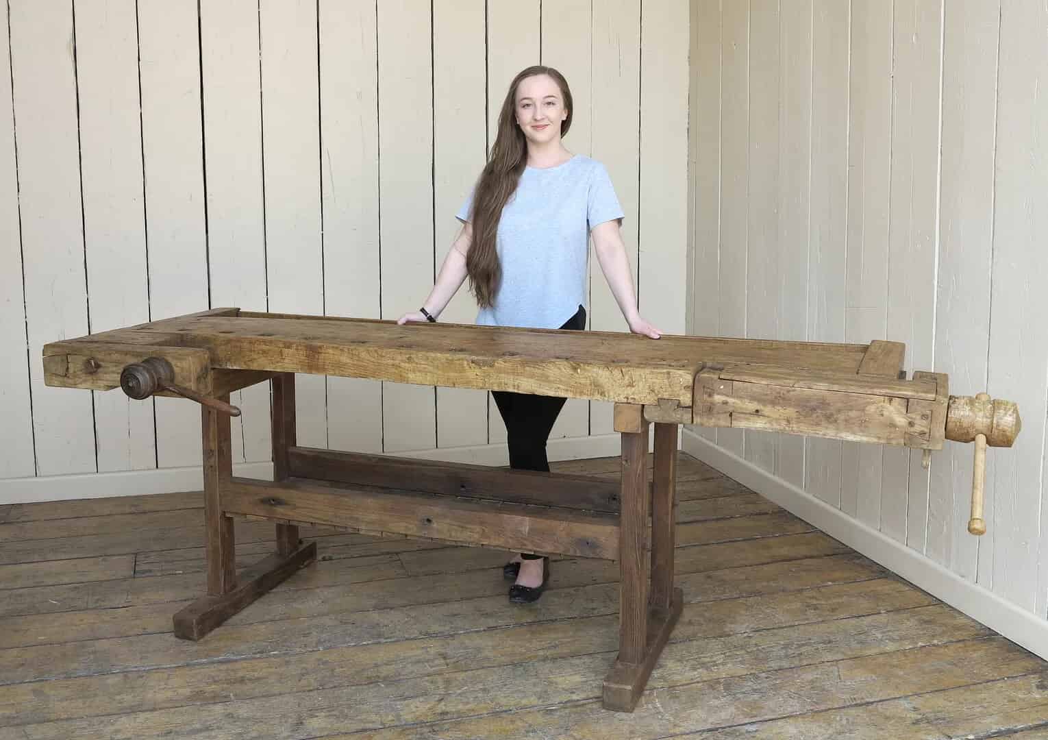 Antique Woodworking Wooden Vintage Bench With Vices