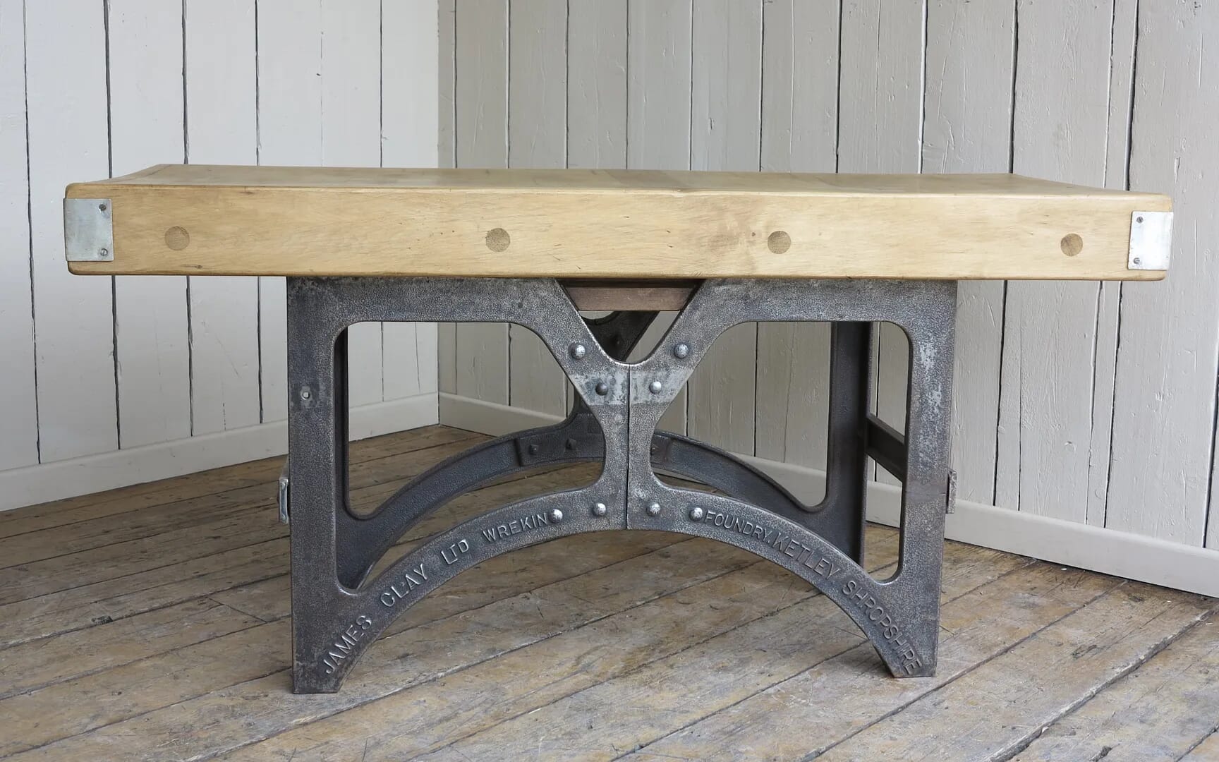 Antique Butchers Block With Hand Polished Cast Iron Base - D1246