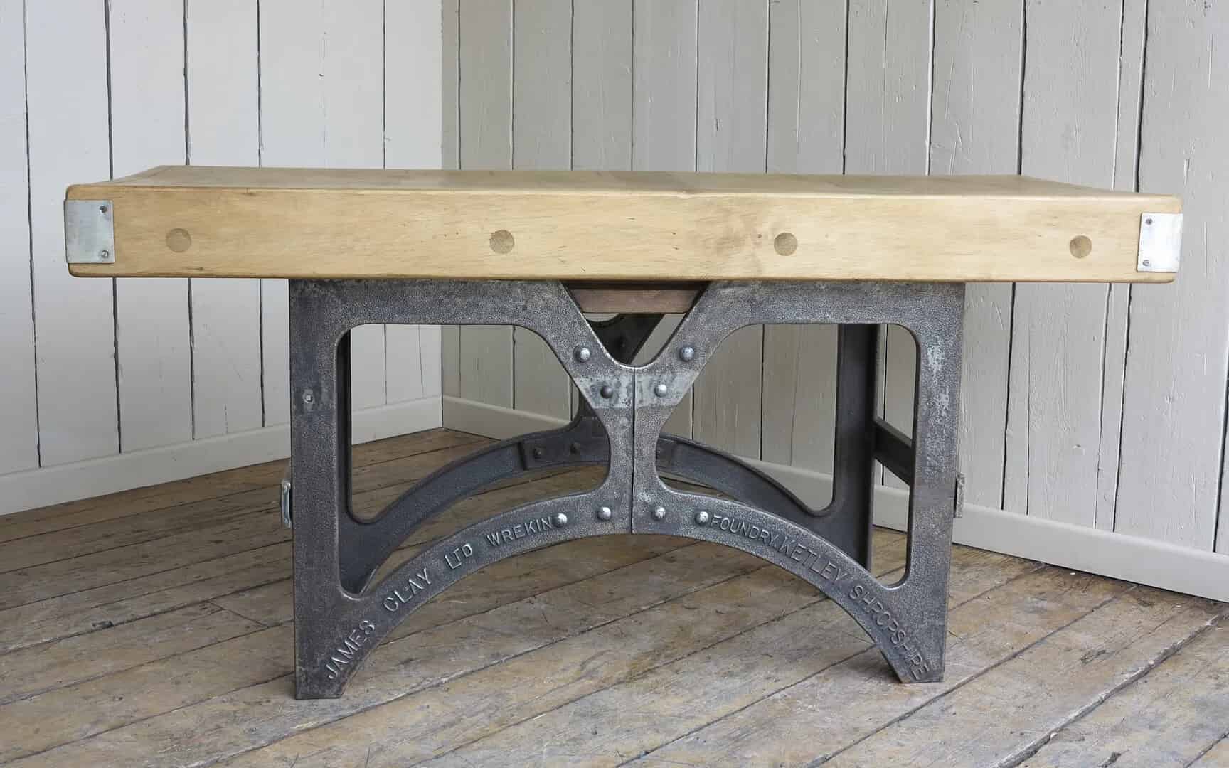 Antique Butchers Block With Hand Polished Cast Iron Base