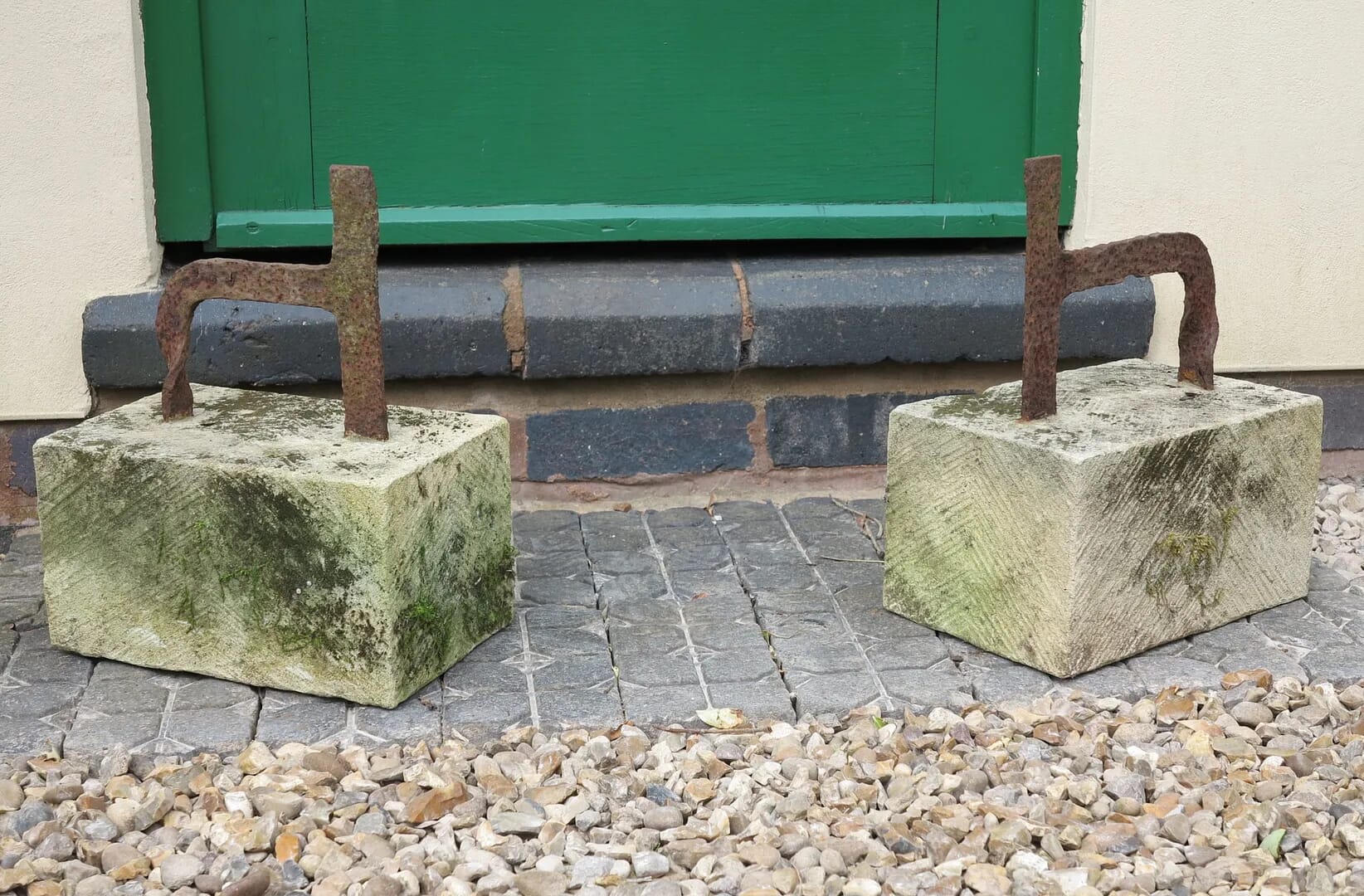 Pair Of Outdoor Wrought Iron Boot Scrapers on Carved Stone Bases - 8949