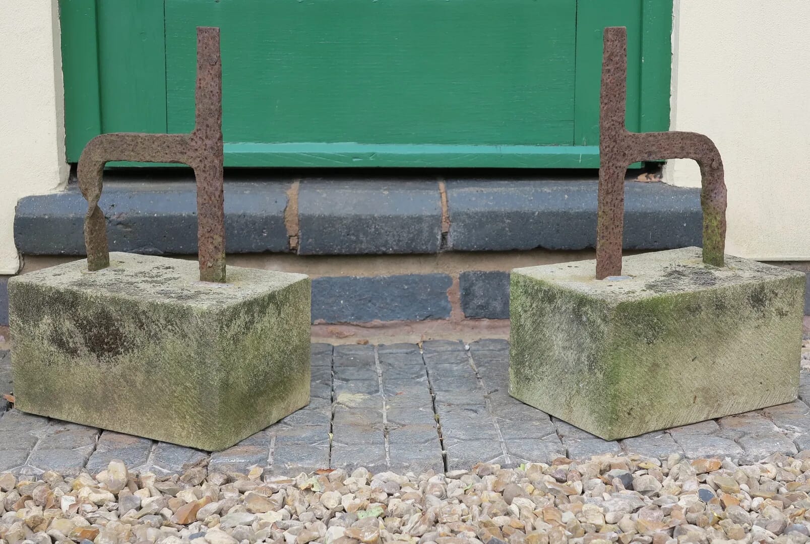 Pair Of Front Door Wrought Iron Boot Scrapers on Stone Bases - 8946