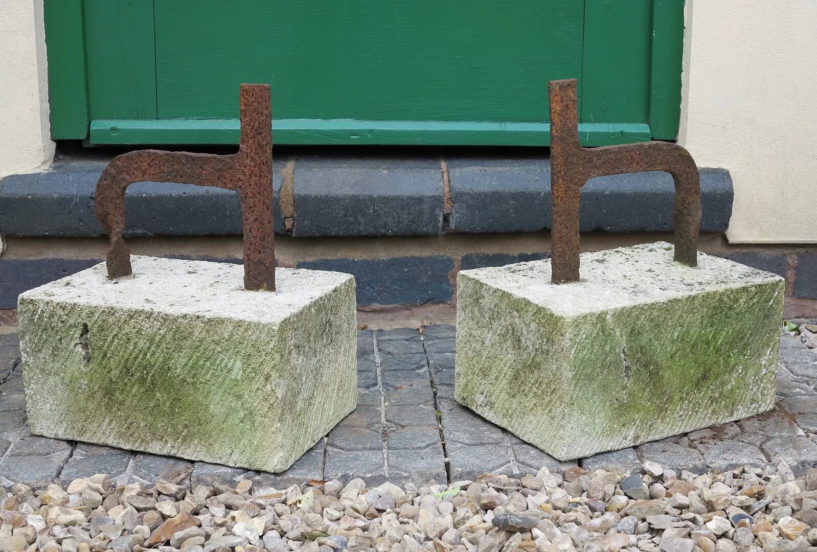 Pair of Wrought Iron Front Door Boot Scrapers on Stone Bases - 8945