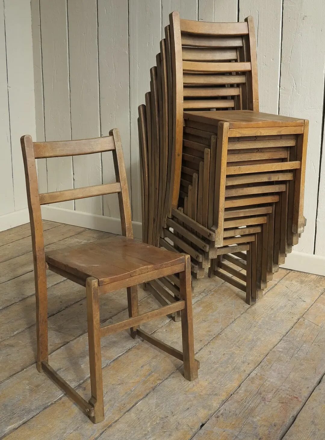 Antique Wooden Reclaimed Stacking Church Chairs - 8286