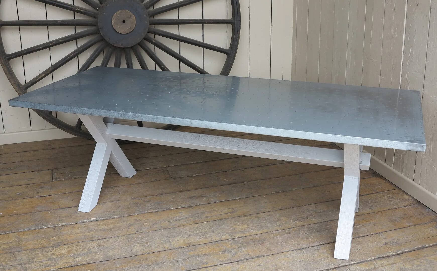 Zinc Table With X Frame Base with a Crackle Glaze Finish - D1272