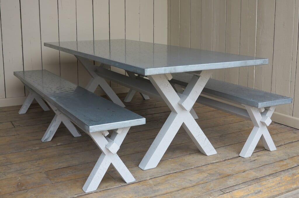 X Frame Zinc Table & Benches with a Crackle Glaze Finish - D1273