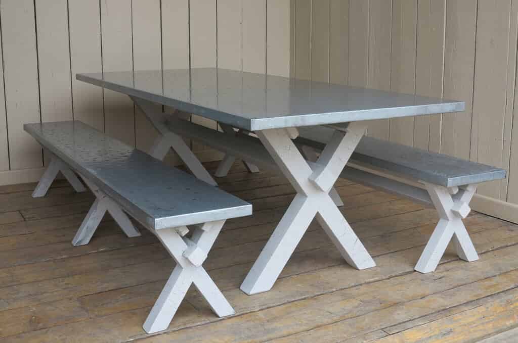 Zinc Table With X Frame Base with a Crackle Glaze Finish