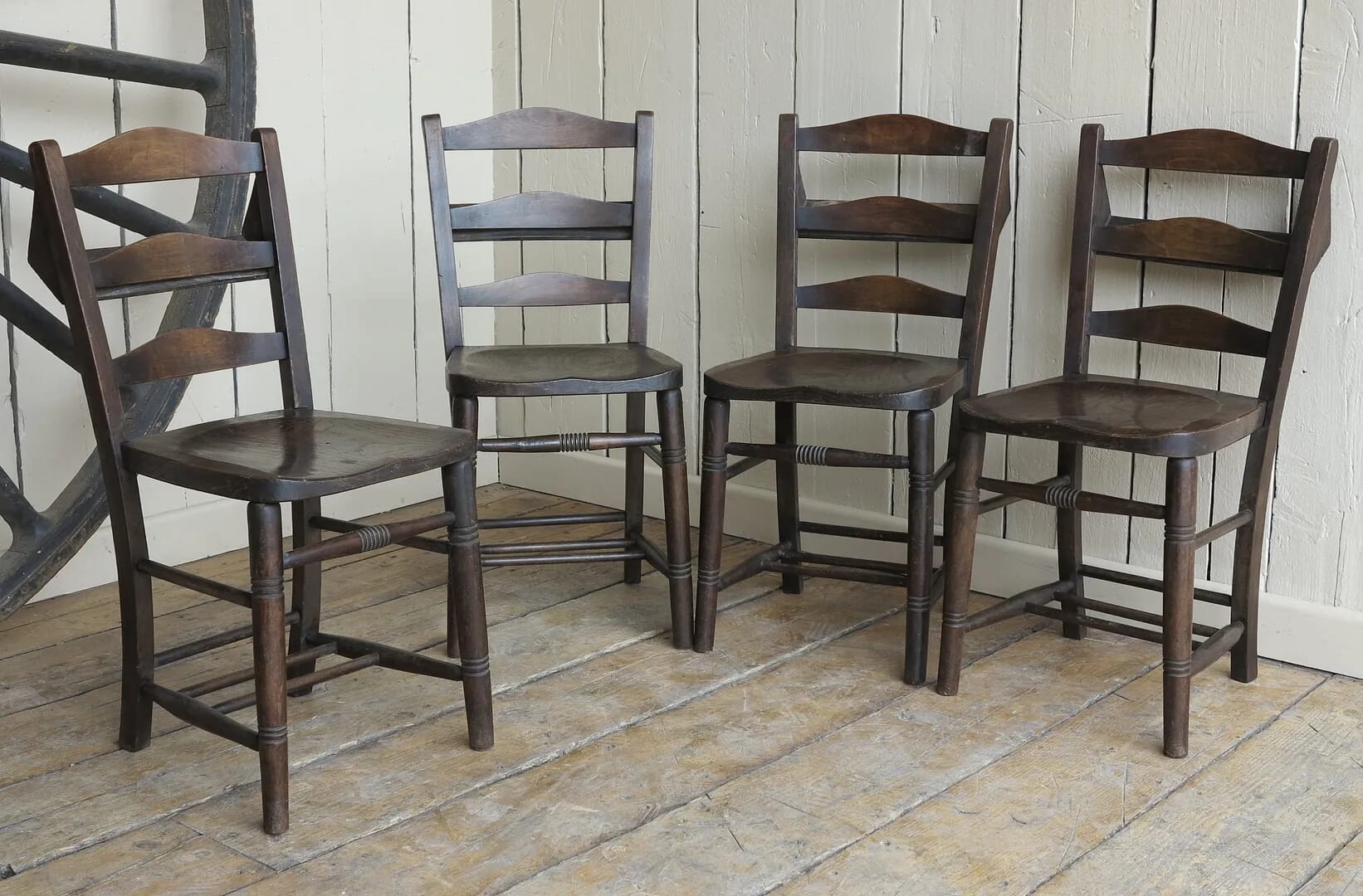 Mid Victorian Antique Dark Elm & Beech Church Chairs - 8294