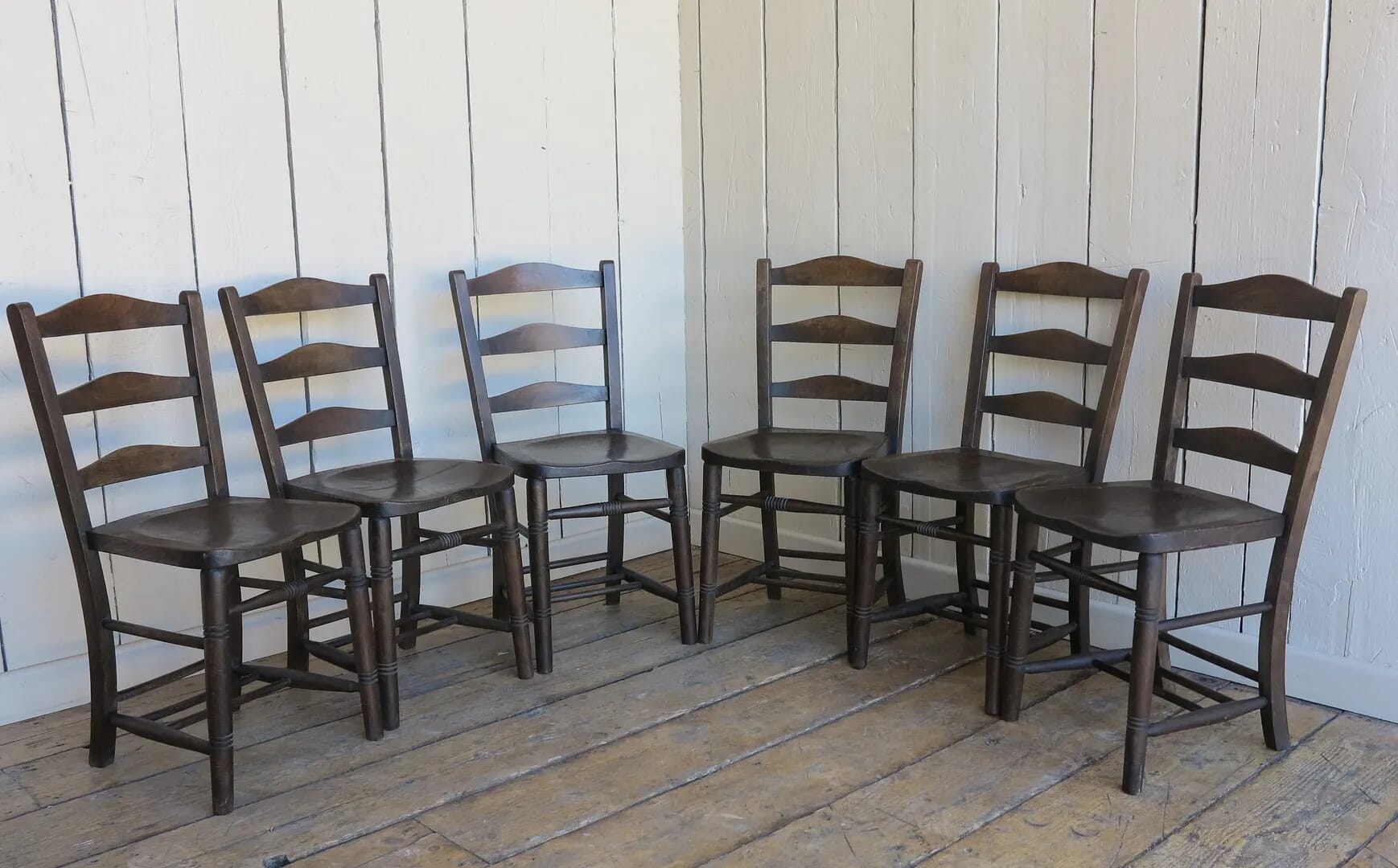 Set of 6 Mid Victorian Antique Dark Wooden Church Chairs - 8295
