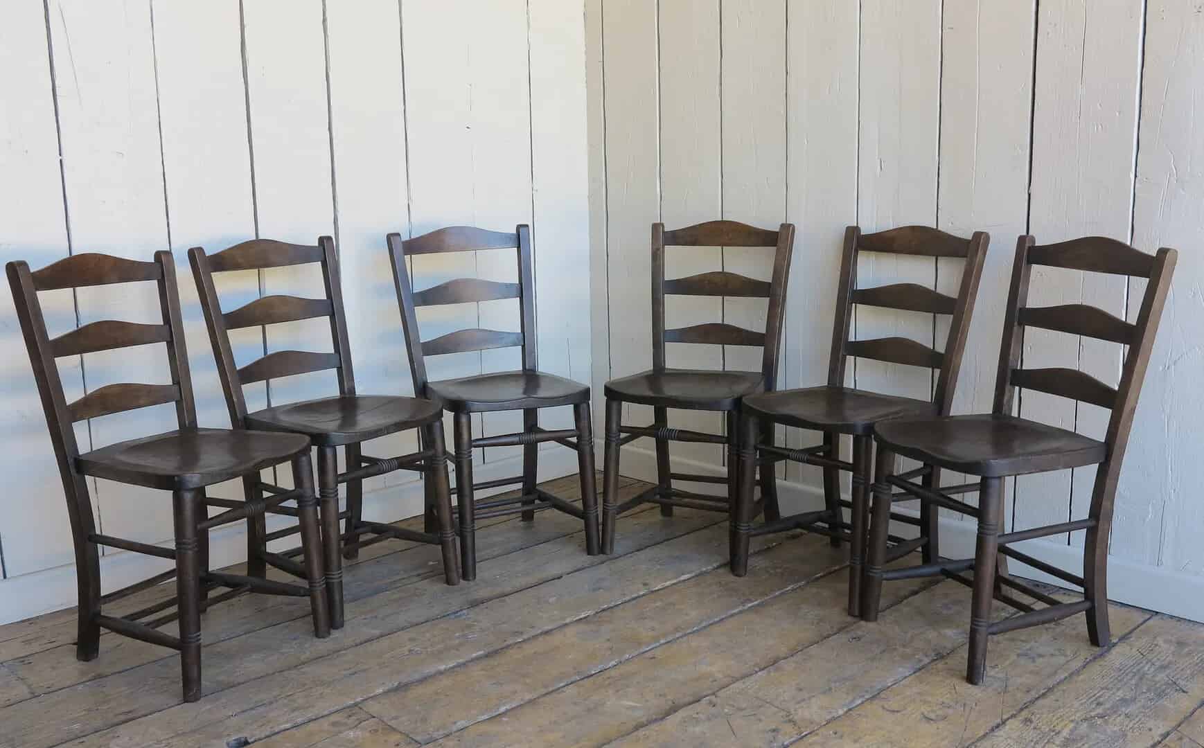 Set of 6 Mid Victorian Antique Dark Church Chairs