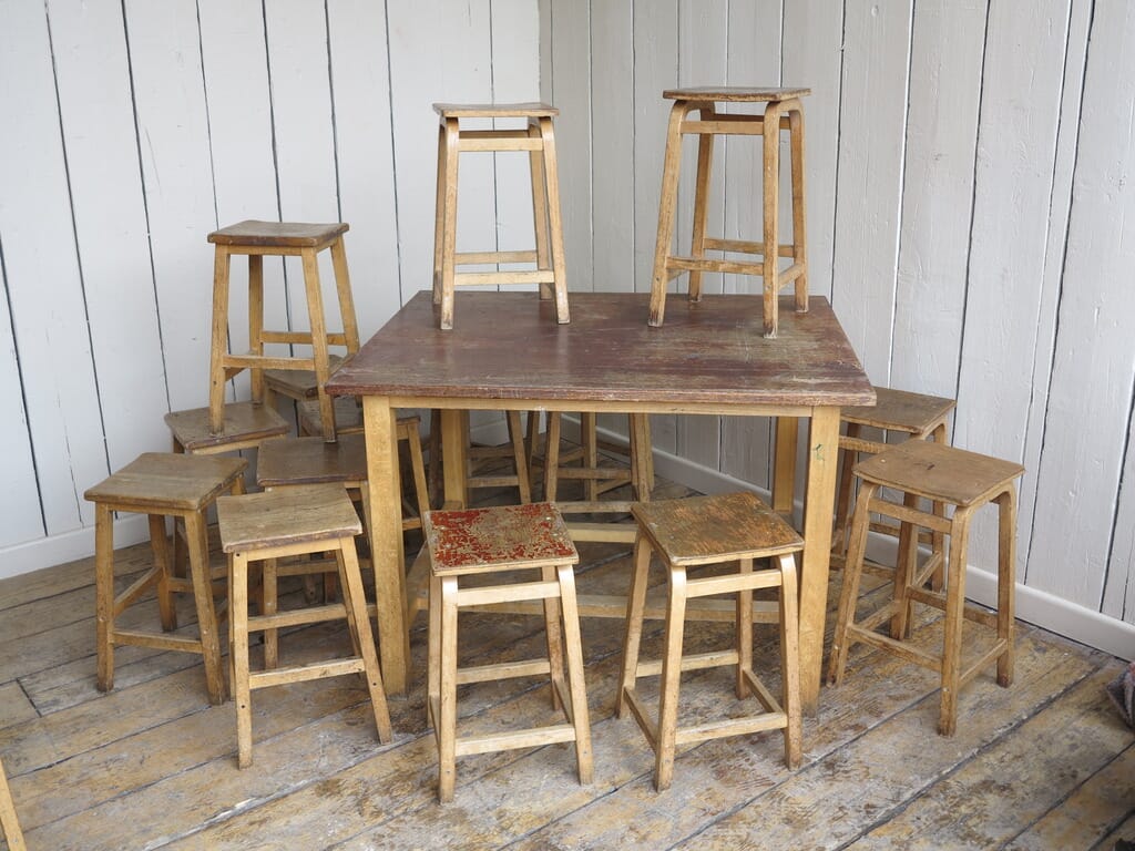 Reclaimed Old Laboratory Wooden Table with Stools - D1282