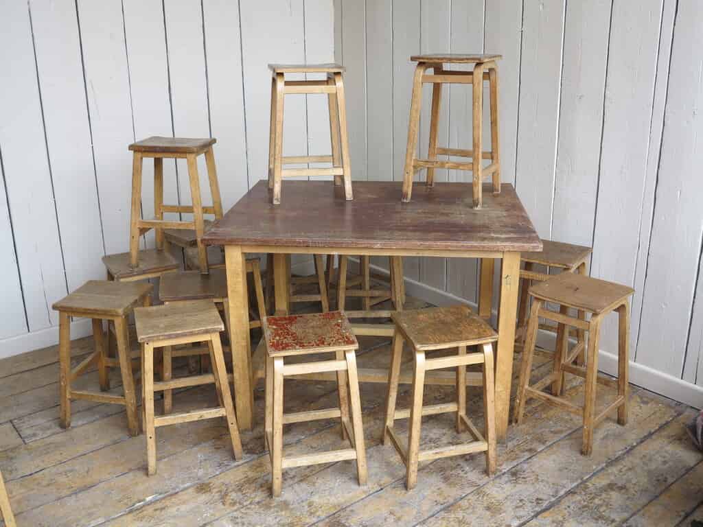 Reclaimed Old Laboratory Wooden Table with Stools