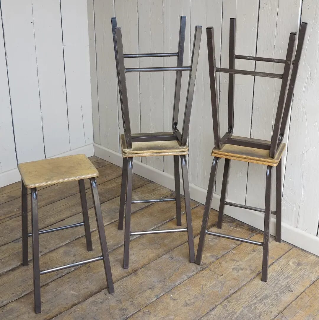Retro Steel Tubular Stacking Stools with Plywood Seats - 8313