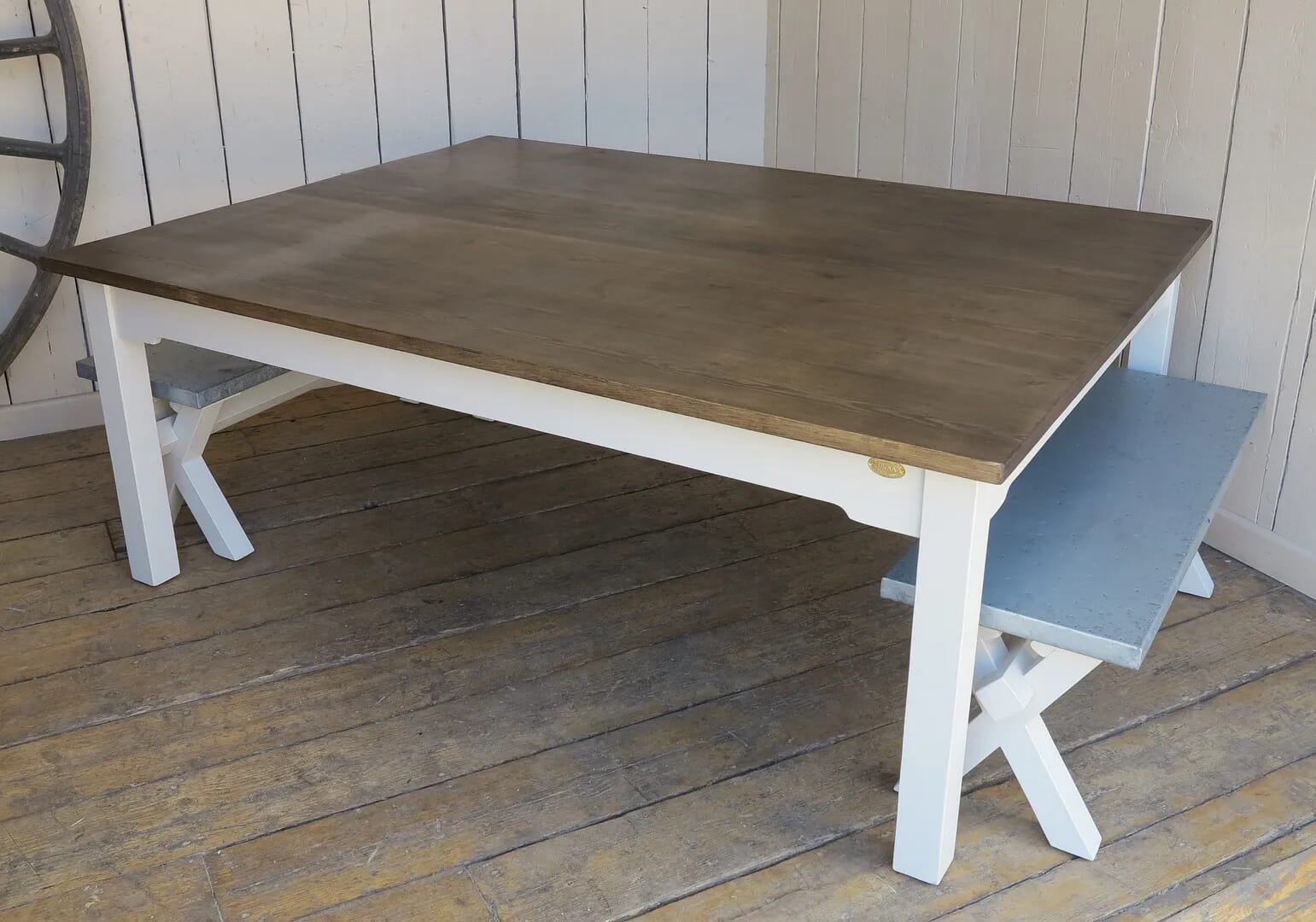 Plank Top Kitchen Farmhouse Table with X Frame Benches - D1293