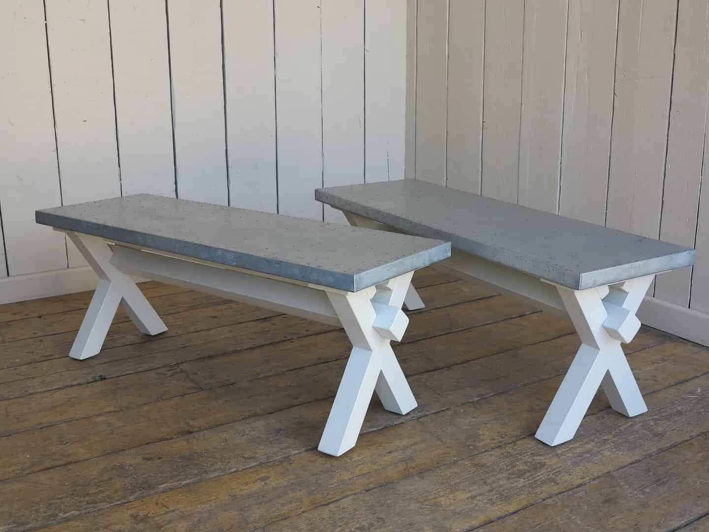 X Frame Zinc Bespoke Benches with Nail Top Finish