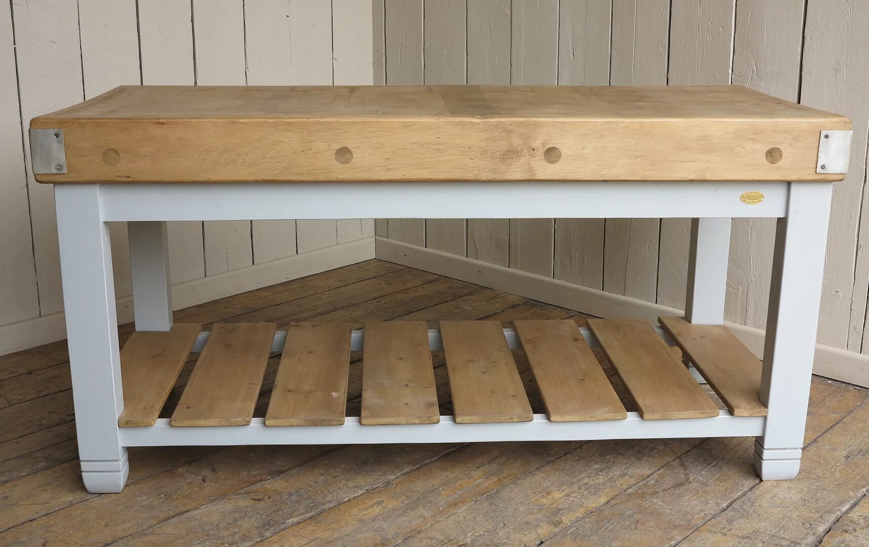 Antique Waxed Butchers Block with Floorboard Pine Shelf - 8332
