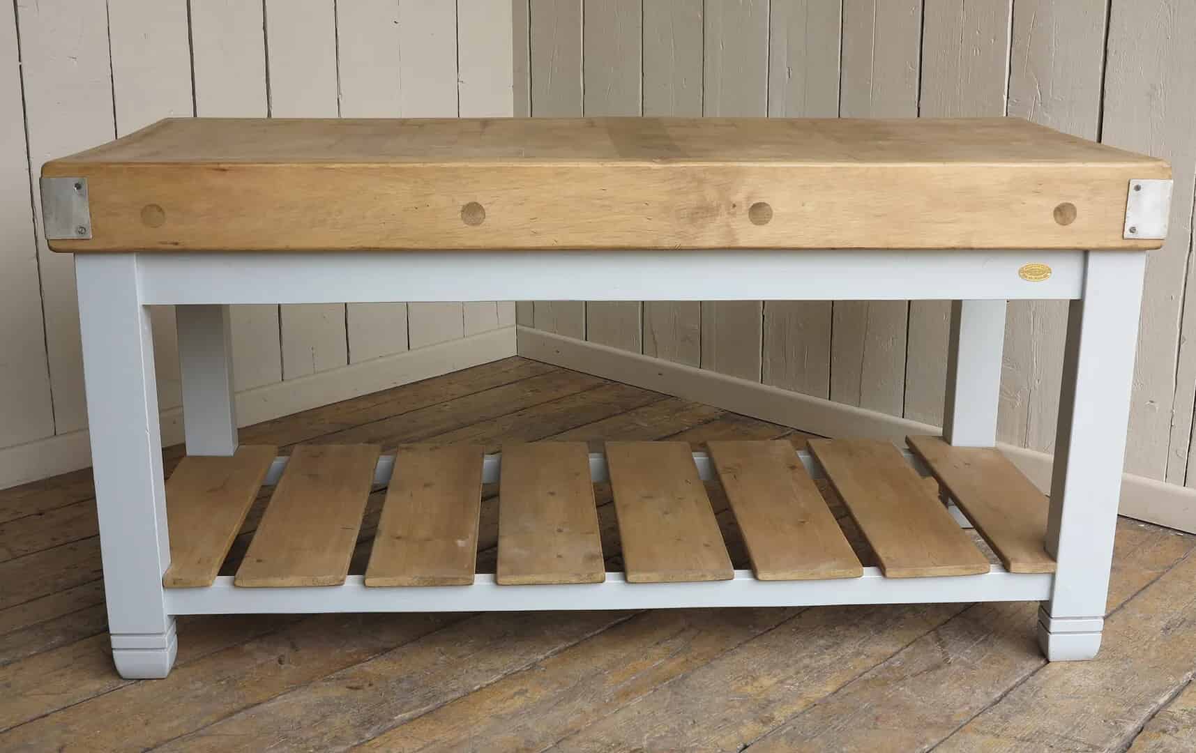 Waxed Antique and Painted Butchers Block with Floorboard Pine Shelf