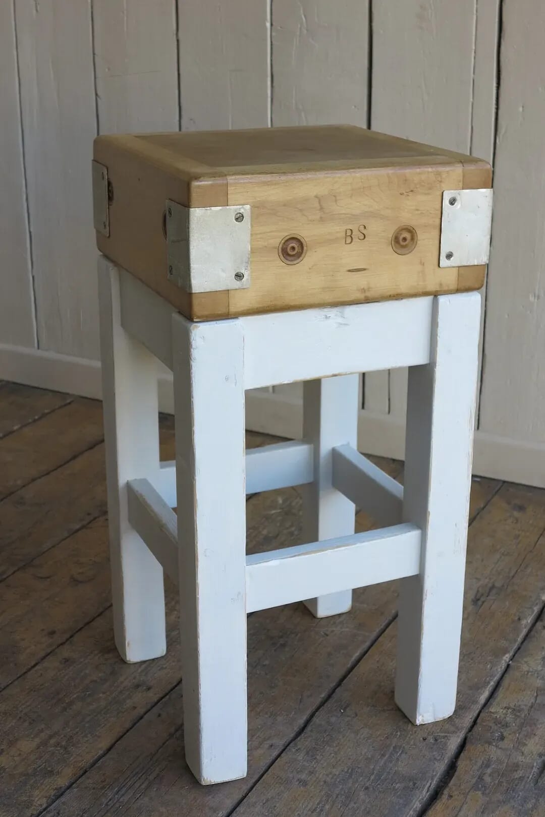 Antique Small Square Butchers Block on Distressed Base - 8333
