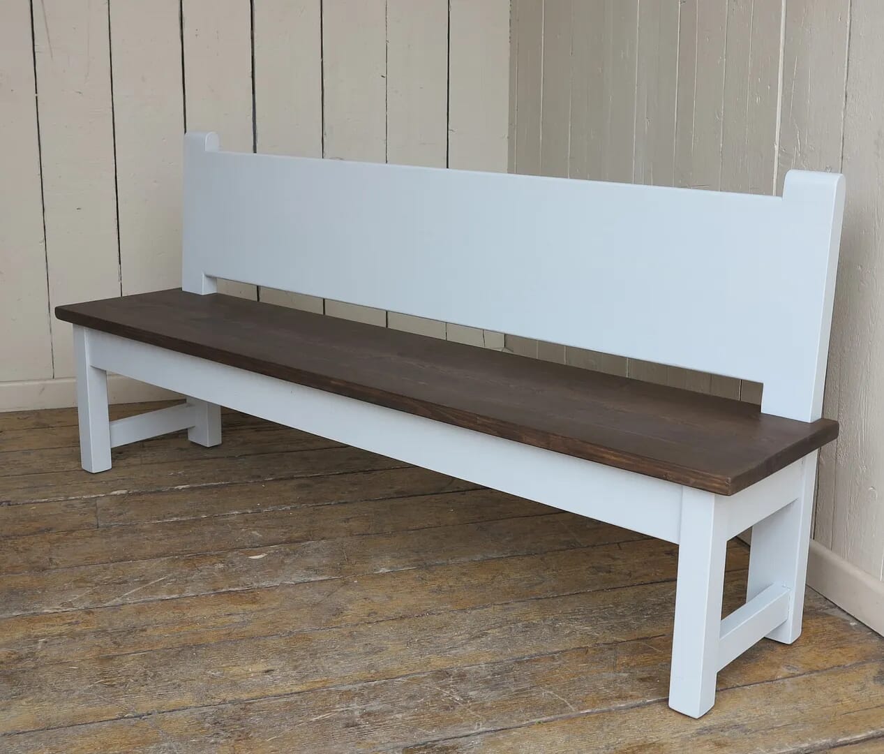 Handmade Wooden Plank Top Bench with Solid Back - D1325