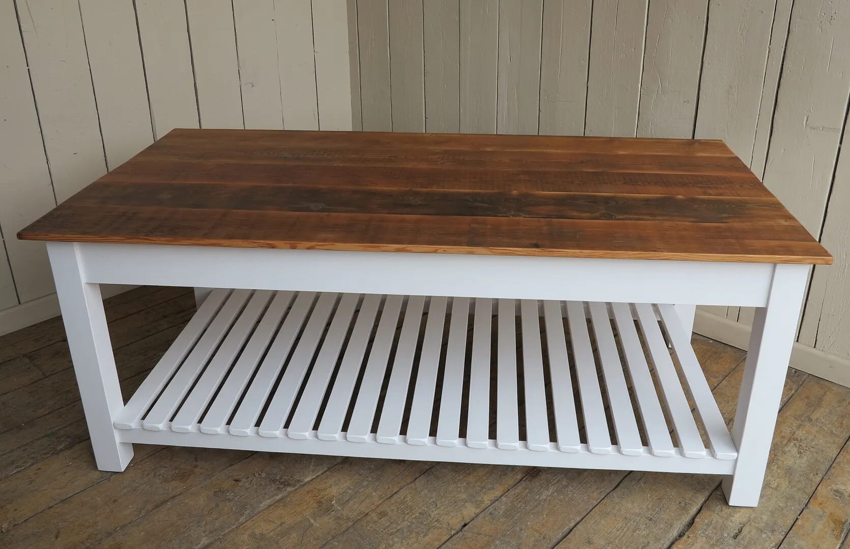 Bespoke Antique Floorboard Top Table With Slatted Base - D1326
