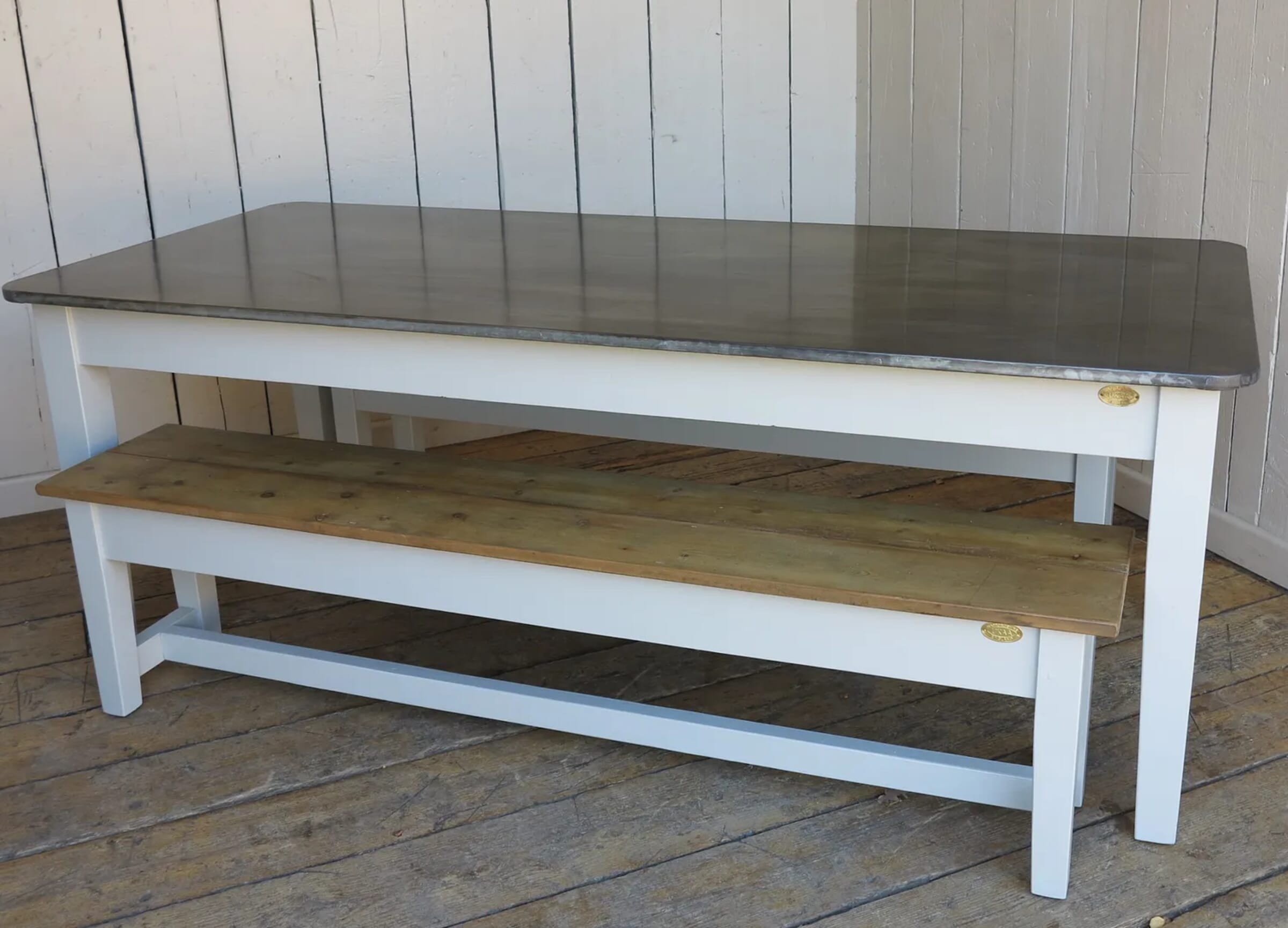 Bespoke Aniqued Zinc Kitchen Dining Table With Benches