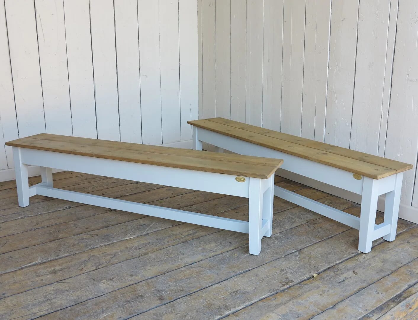 Pair Of Handmade Reclaimed Pine Floorboard Top Benches - D1328