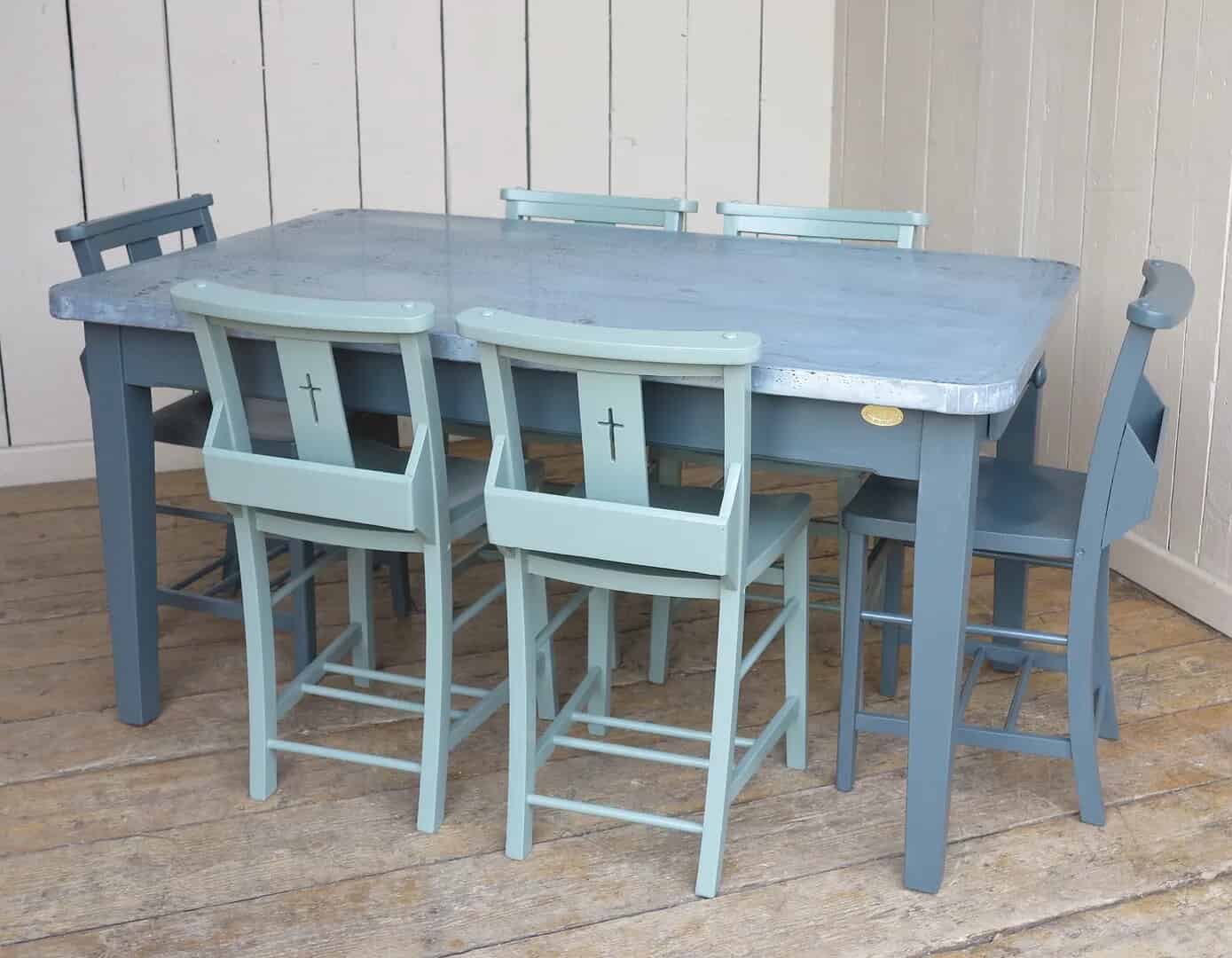 Handmade Zinc Kitchen Table With Painted Church Chairs