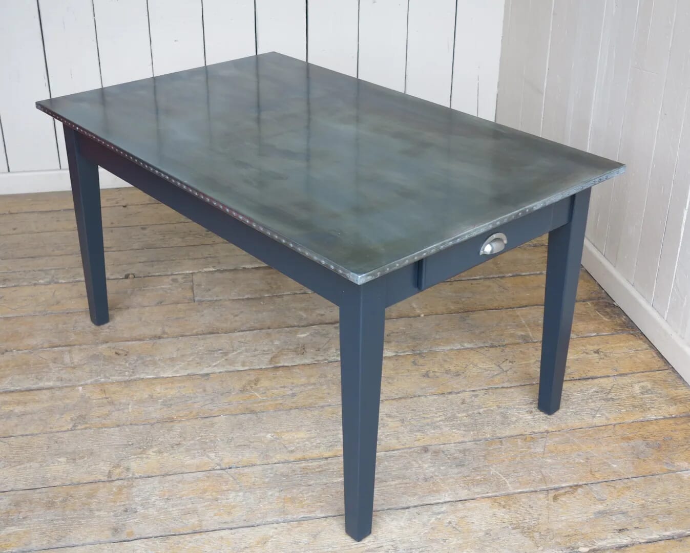 Handmade Antiqued Zinc Kitchen Table With Cutlery Drawer - D1346