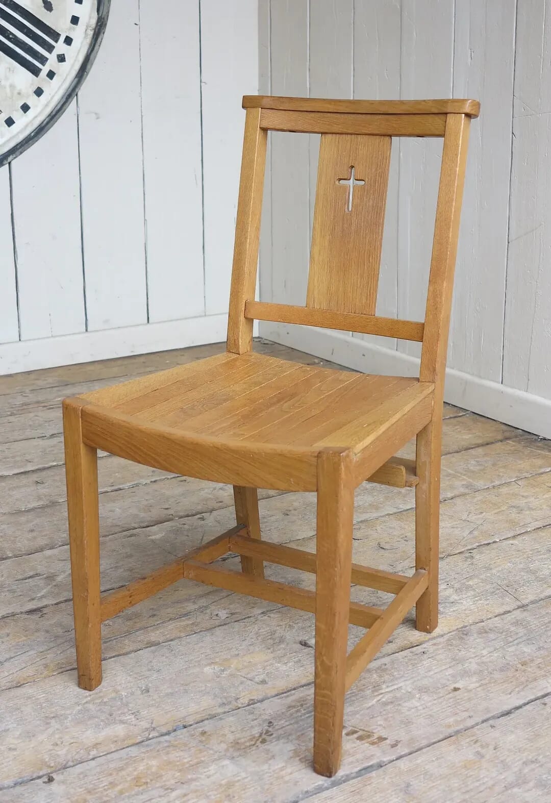 Vintage Oak Slatted Church Chairs With Cross in the Back - 8423
