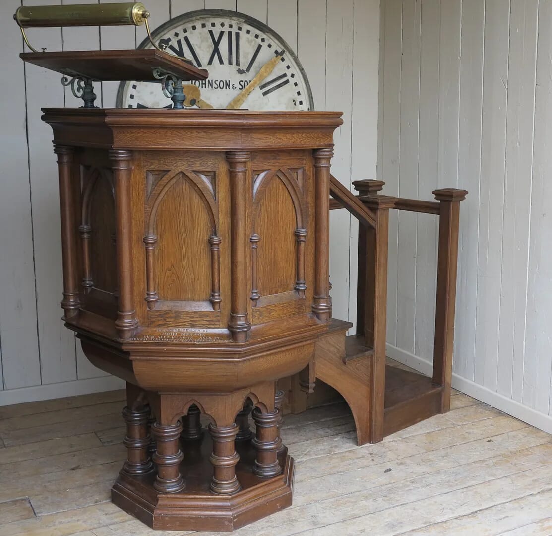 Antique Original Church Pulpit With Stairs Made From Oak - 8403