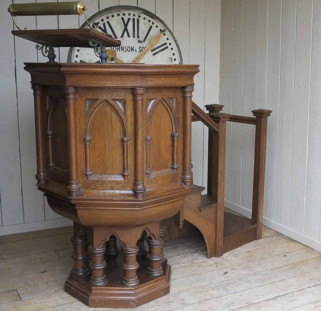Antique Oak Church Pulpit With Stairs and Book Stand