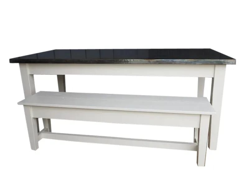 Antiqued Zinc Table Top and Painted Bench - D1076