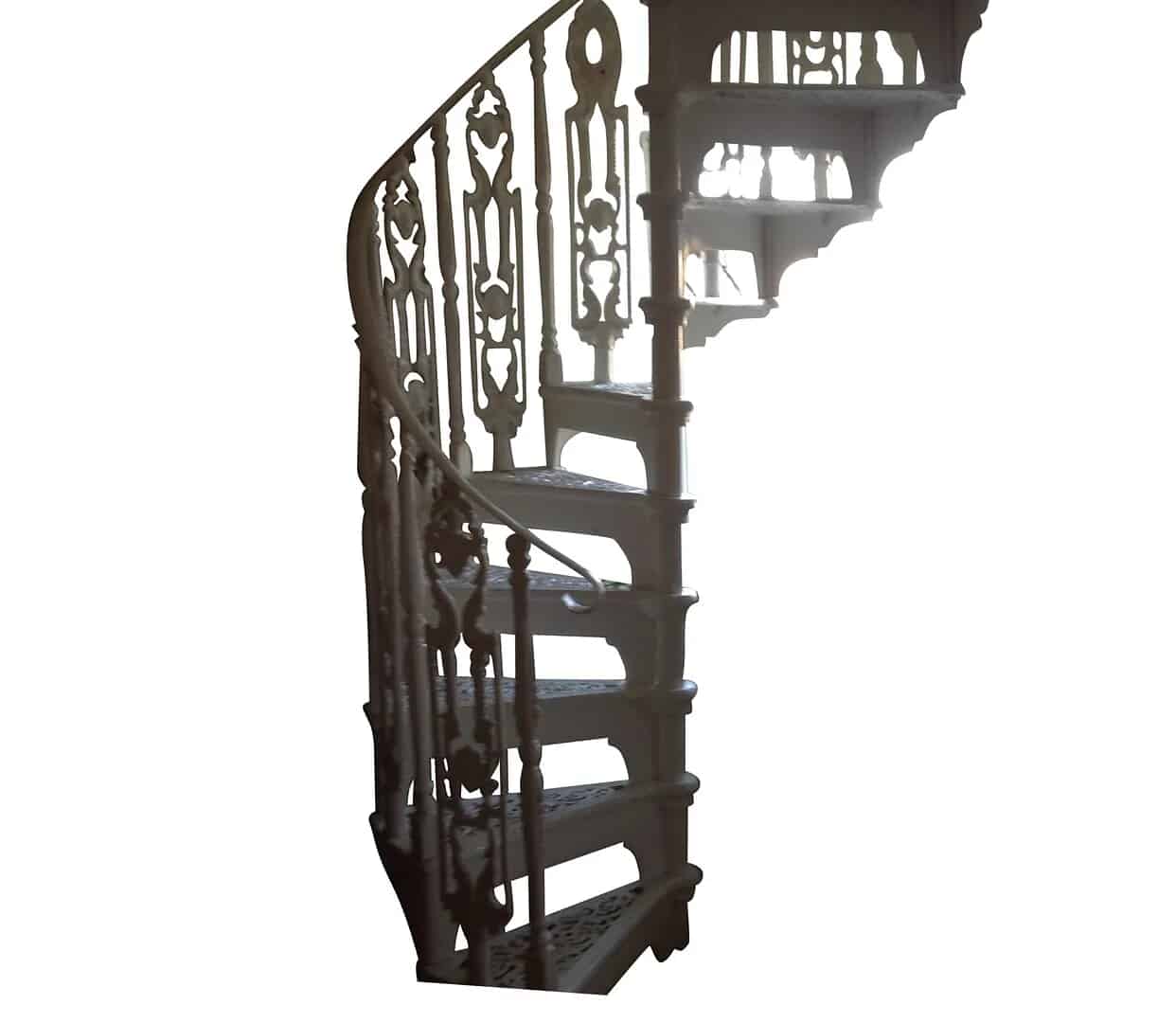 Reclaimed White Cast Metal Spiral Staircase & Balcony Rails