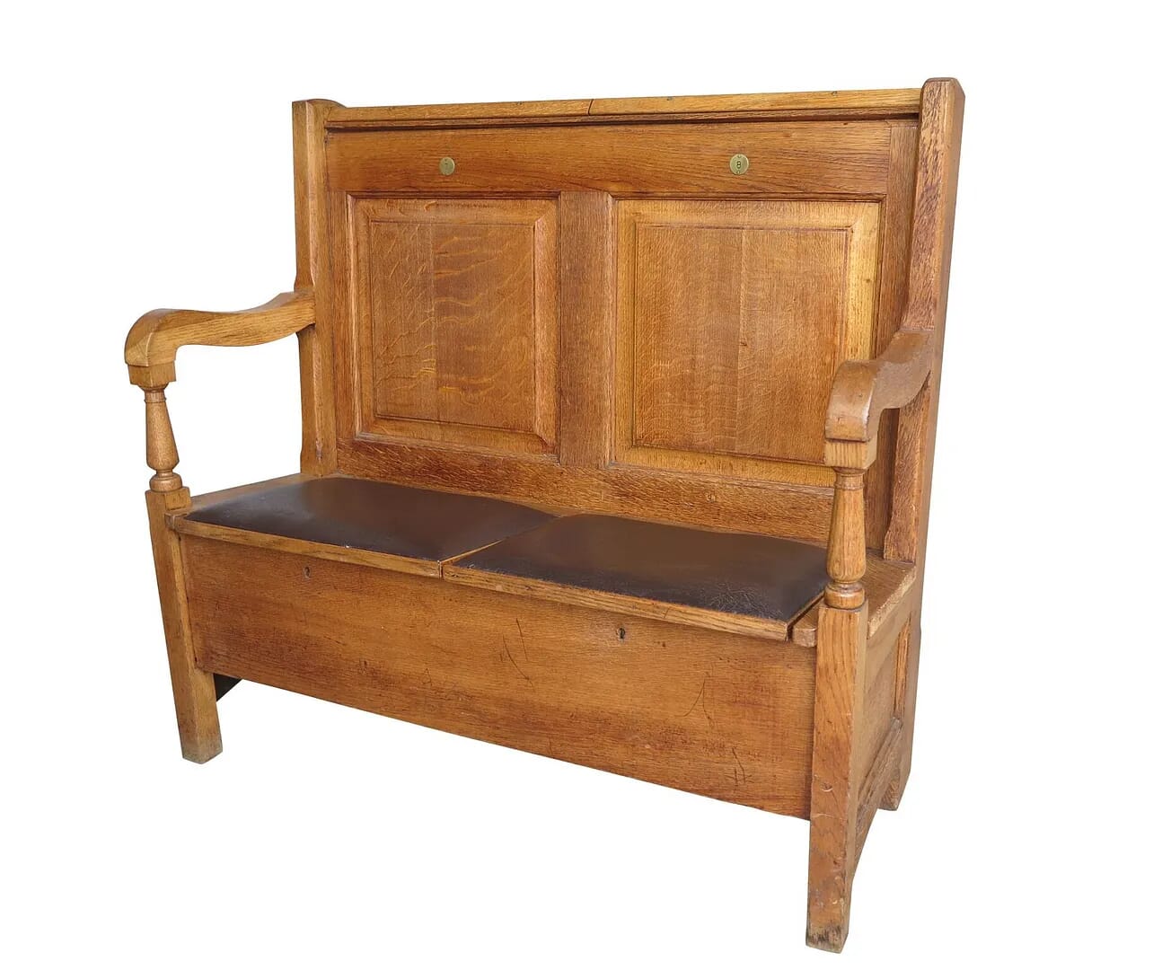 Antique Solid Oak Settle With Lift Up Seats For Storage - 8823a