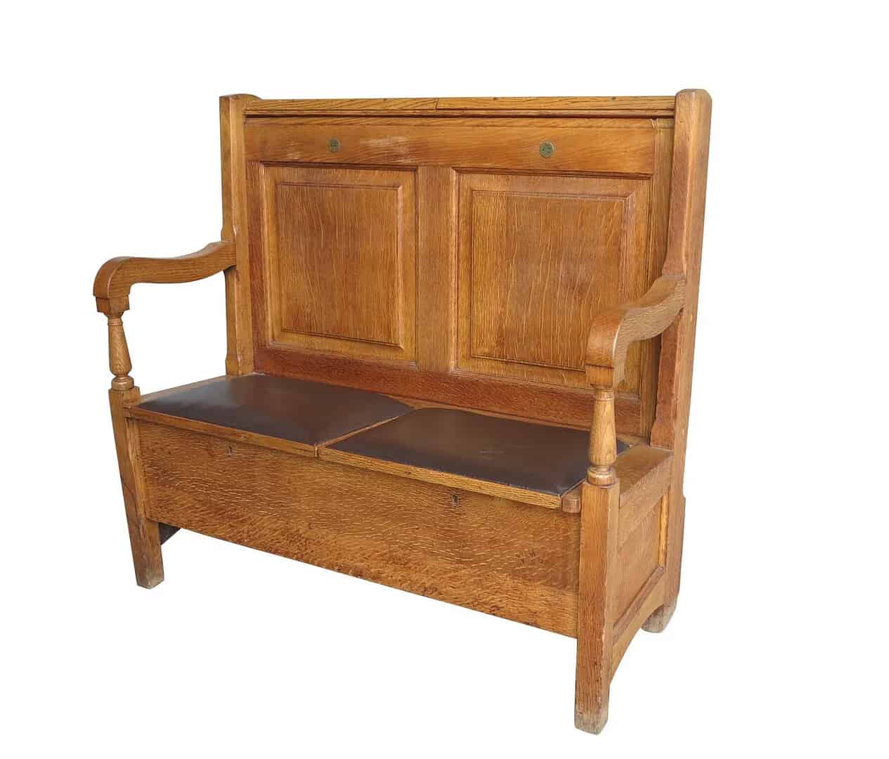 Antique Solid Oak Settle With Lift Up Seats