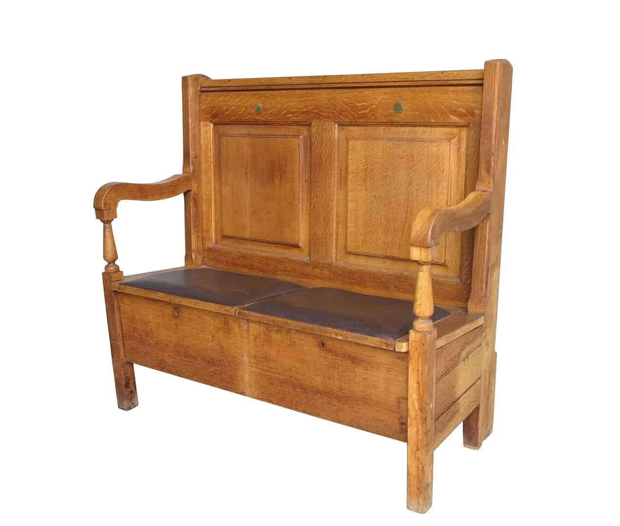 Antique Solid Oak Settle With Lift Up Seats