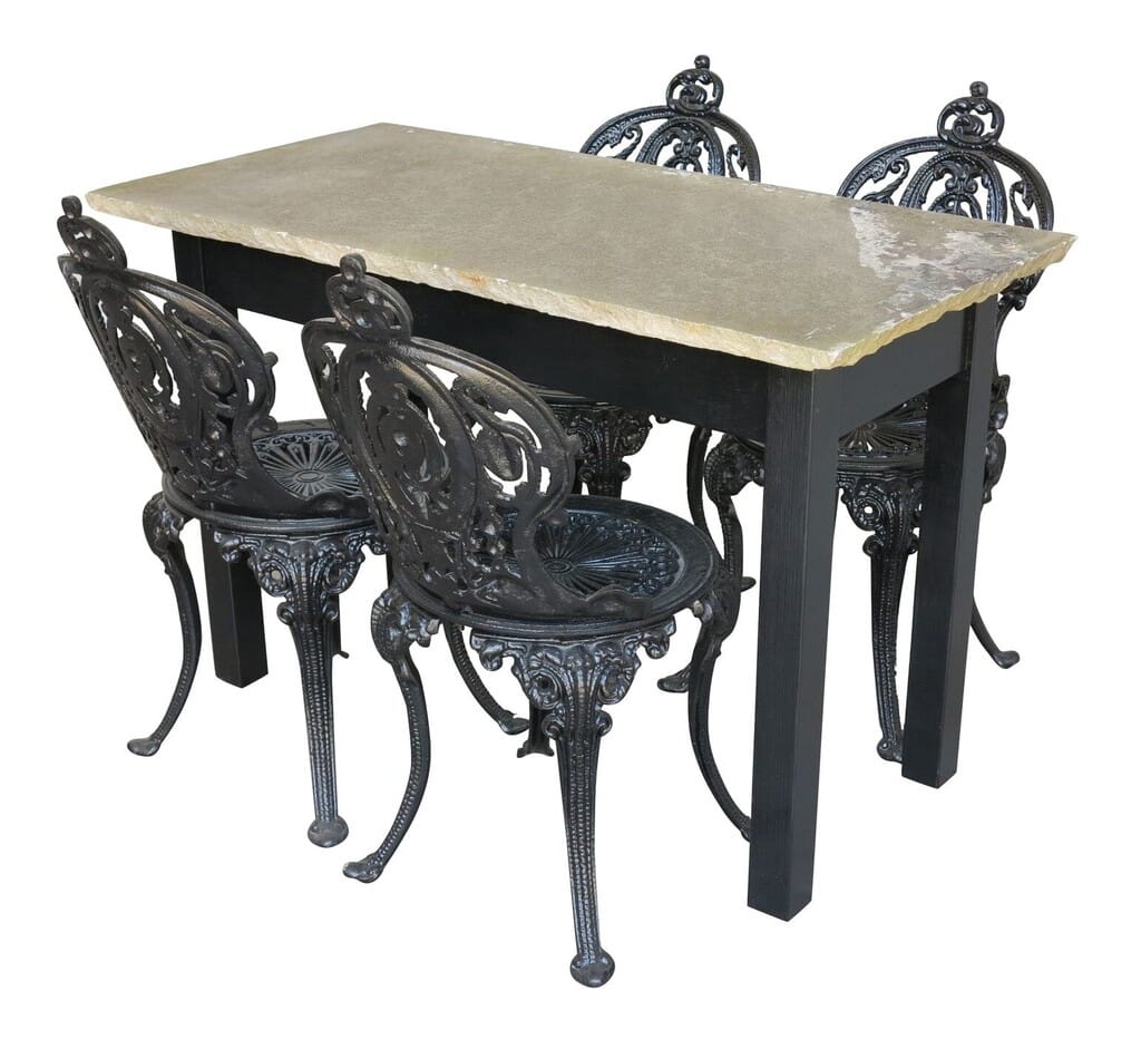 Reclaimed Stone Top Garden Table With 4 Cast Iron Chairs - 9005