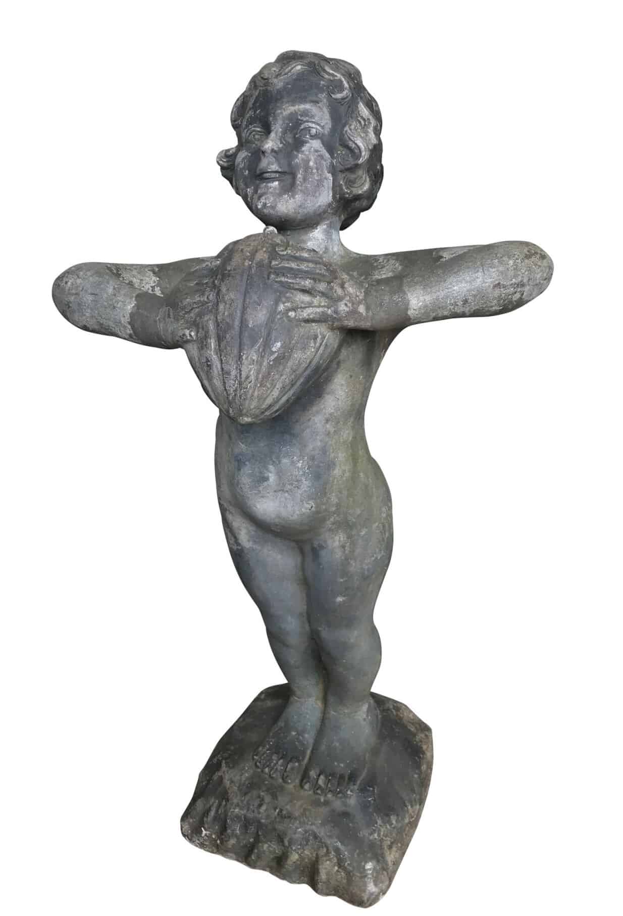 Antique Lead Water Feature Girl Statue Holding Fruit